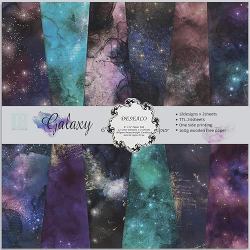Galaxy Scrapbook Paper 6x6, 12 Cosmic Designs, Acid-Free 160gsm Single-Sided Decorative Craft Paper for Scrapbooking, Journaling, Card Making & DIY Crafts-24 Sheets