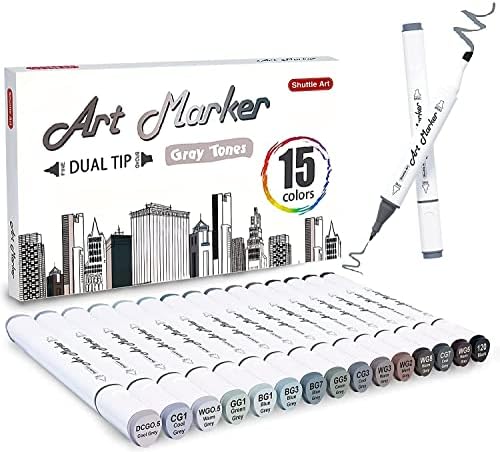 Shuttle Art 15 Colors Grey Tones Dual Tip Art Marker, Alcohol Based Marker Pens Double Ended with Fine and Chisel Point Tips Perfect for Drawing,Shading,Sketching,Designing,Outlining,Illustrating