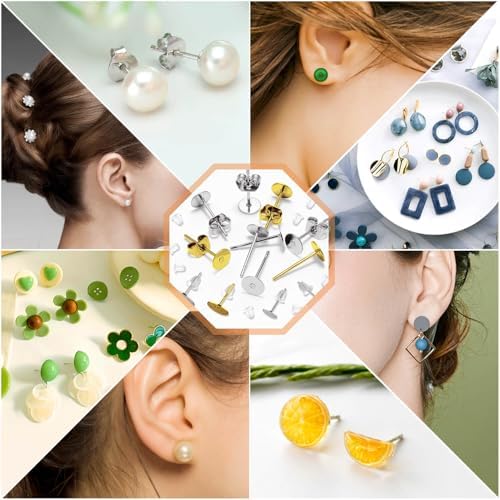 Hypoallergenic Earring Posts and Backs, Caffox 2000pcs Stud Earrings Making Kit with Ear Ring Base and Earring Backs for Leather Stud, Clay, Pearl Jewelry Making (Gold & Silver)