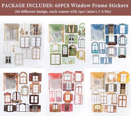 60PCS Vintage Hollowed Window Frame Stickers Cutout Texture Scrapbook Paper Decorative Sticker Retro Scrapbooking Materials Journaling Supplies for Junk Journal Planner Card Gift Wraps Craft