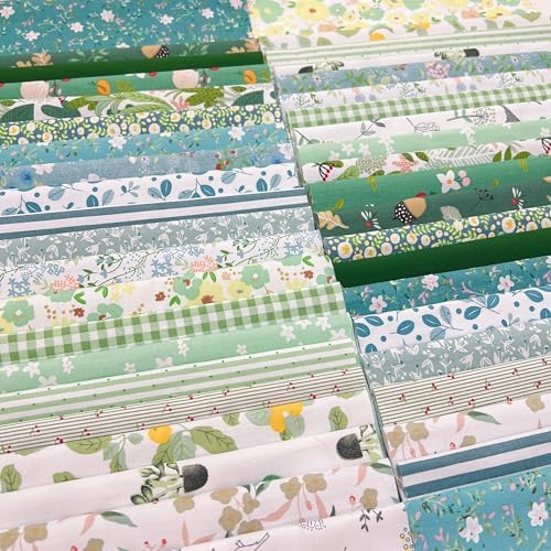 Cotton Fabric DIY Making Supplies Quilting Patchwork Fabric Fat Quarter Bundles DIY for Quilting Cotton Patchwork Cushions (42pcs Green, 10cm*10cm)