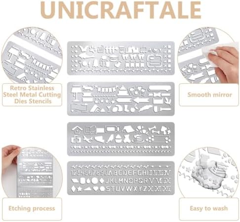 UNICRAFTALE 4Pcs Metal Stencils for Wood Burning Mixed Patterns Stencils Stainless Steel Reusable Templates Alphabet and Number Bookmark Ruler School Supplies for DIY Engraving Painting Scrapbooking