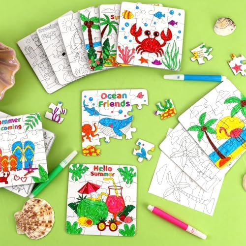 24Set Summer Arts & Crafts for Kids Adults Bulk, Hawaiian Summer Activity DIY Puzzle Kit with Beach Tropical Palm Tree, Luau Ocean Theme Painting for Classroom Party Favors Gift Coloring Game Supplies