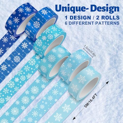 Whaline 12 Rolls Winter Washi Tape Blue Snowflake Theme Washi Tape Masking Decorative Party Gift Warp Paper Tape for Christmas Winter Decor DIY Craft Scrapbook Party Favor Supplies