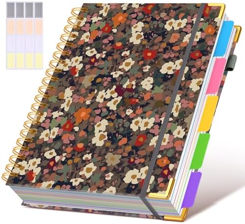 Hardcover Spiral Notebook 8.5"x11" Journal with Removable Dividers Tabs, 300 Pages 5 Subject Notebook College Ruled, Large A4 Notebooks for Work School, Lined Journal for Women, A4 Flower
