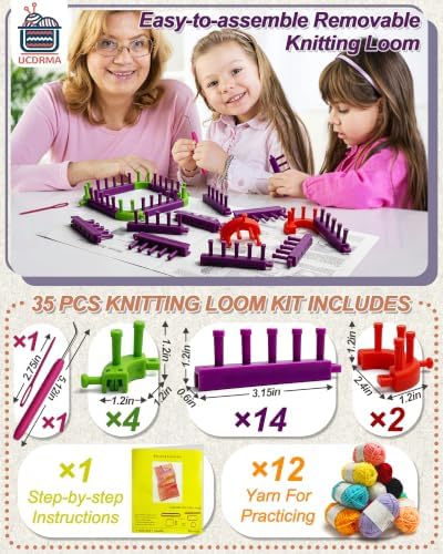 UCDRMA Adjustable Loom Knitting Kit, Up to 21 Different Sizes and Shapes Knitting Loom for Blankets/Scarves/Hats, Infinity Loom Crochet with 12 Yarn & Instructions, Flexible Yarn Loom for Beginners