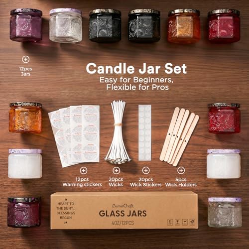 LumaCraft 12 Pack 4oz Glass Candle Jars with Lids, Hexagon Embossed Candle Making Containers, Empty Candle Jars with 20 Wicks & Labels for DIY Candle Making, Party Favors, Home Decor
