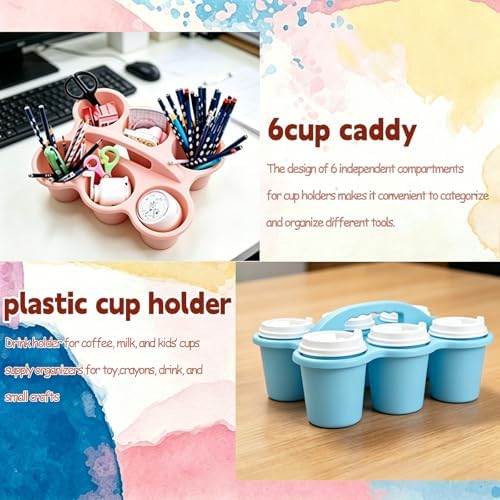 6 Pack Classroom Caddy Organizer with Handle Pastel Plastic Table Caddy 6 Compartments Storage Cup Holder for School Supplies Art Crafts Crayons Pencils Stackable Desk Caddy for Office Home
