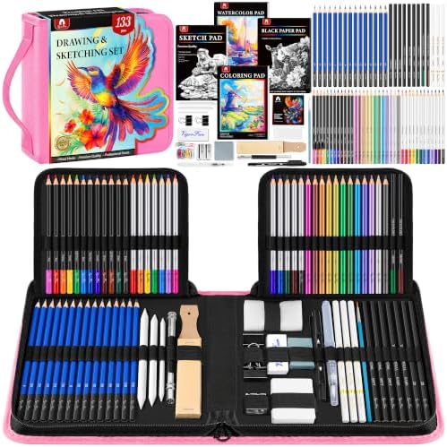 133 PCS Art Supplies Sketching Kit, Pro Drawing Pencils Art Kit Pink Gift