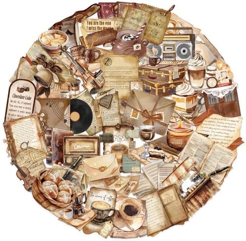 50 PCS Retro Coffee Shop Stickers for Scrapbooking Journaling Junk Journal Scrapbook Supplies - Waterproof Transparent PET Aesthetic Decals for Resin Crafts Decorative Art Crafts (Retro)