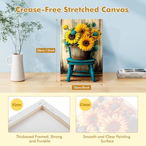 Bowetile Framed Paint by Numbers Sunflower Kit for Adults, Adults' Paint-by-Number Flowers Kits on Canvas, Painting by Numbers Chair, DIY Acrylic Number Painting for Home Wall Decor, 8x12in