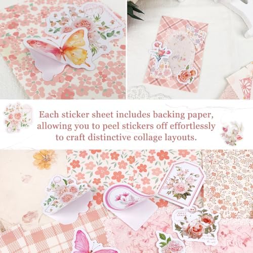ZUFECY Pink Scrapbook Paper Kit, 100 Pieces, Vintage Floral Theme, for Junk Journal, Card Making, Planner Decor and DIY Crafts