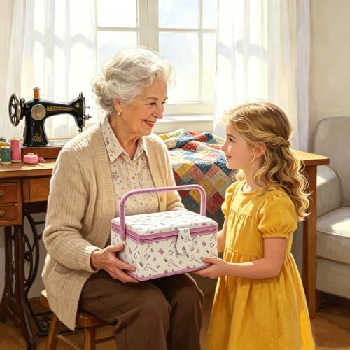 Sewing Box with Accessories Set, Fabric Floral Craft Storage Organizer Basket for Women & Girls, Portable Sewing Kit for Beginner, Travel, Mending, Embroidery Supplies