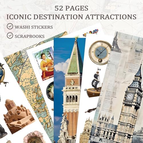 Bomichi Travel Sticker Book, 32 Sheets 377 Pcs Vintage Aesthetics Stickers & 20 Sheets Washi Paper for Journaling Scrapbooking Bullet Journals Planners Letter Card Making