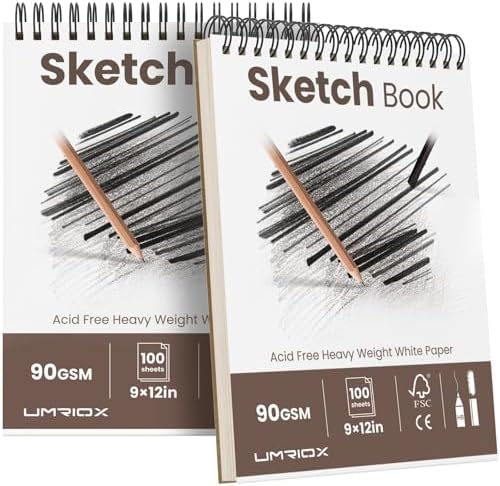 Umriox Sketch Pads for Drawing, 9" x 12" Sketchbook, 2-Pack | Acid-Free Drawing Paper, 100 Sheets Each Pad, Spiral Bound, Art Supplies for Artists, Students, School Sketching & Projects