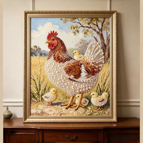 Pearl Diamond Painting Kits for Adults,3D Diamond Art for Chicken 12×16 in