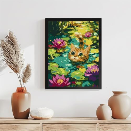 Paint by Numbers Kit for Adults-Pond Cat,DIY Canvas Oil Painting 10x12In