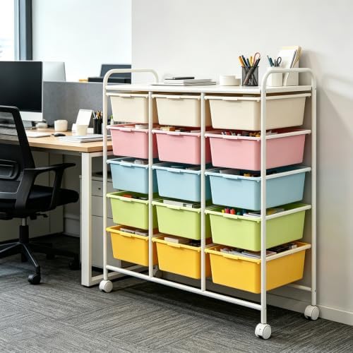 15-Drawer Rolling Storage Cart with Wheels, Multi-Color Plastic Drawer Cart | Mobile Organizer Cart, Utility Storage Trolley for Office, Living Room, Craft Room, Bathroom, and Home Organization