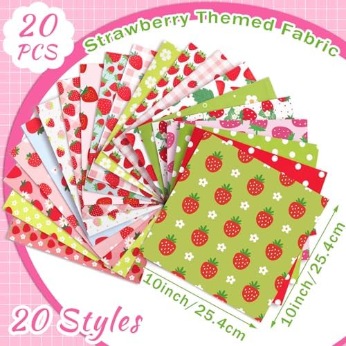 HunnmingRe 20 Pcs 10''x10'' Summer Strawberries Quilting Fabric Squares