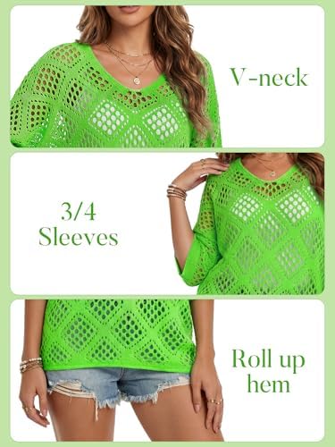 Womens Crochet Top Summer 3/4 Sleeve Cover Up V Neck Boho Tops