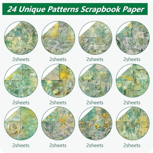 Vintage Scrapbook Paper 12 ×12 - 24Sheets Double-Sided Pattern Decorative Paper | Scrapbook Supplies & Card Making Supplies for DIY Crafts Art Journaling Photo Album Decor (Green)