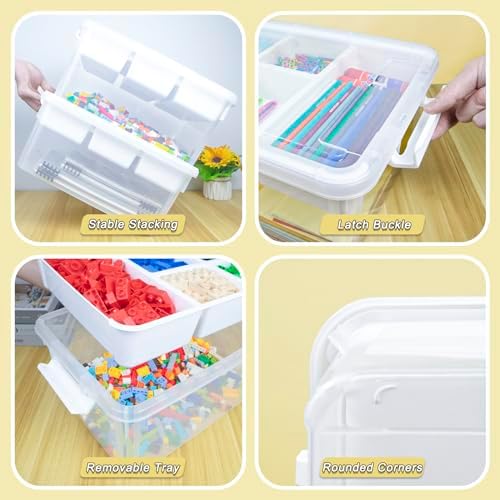 Creahaus 17 Quart Plastic Storage Box with Removable Tray Durable Craft Organizers and Storage Stackable Storage Container for Organizing Bead, Art, Sewing, Playdoh (Clear)