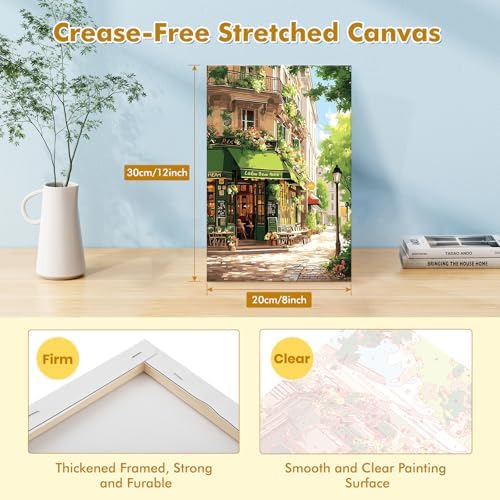 Bowetile Framed Street Cafe Paint by Numbers Kit for Adults, Adults' Paint-by-Number Kits on Canvas, Painting by Numbers Spring, DIY Acrylic Number Painting for Home Wall Decor, 8x12in