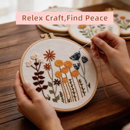 Herdiese Embroidery Kit for Beginners & Adults, 3 Floral Patterns & Hoop