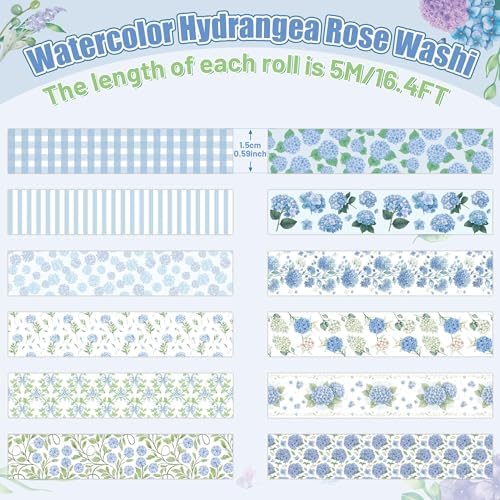 12 Rolls Watercolor Hydrangea Washi Tape forSpring Arts DIY Craft