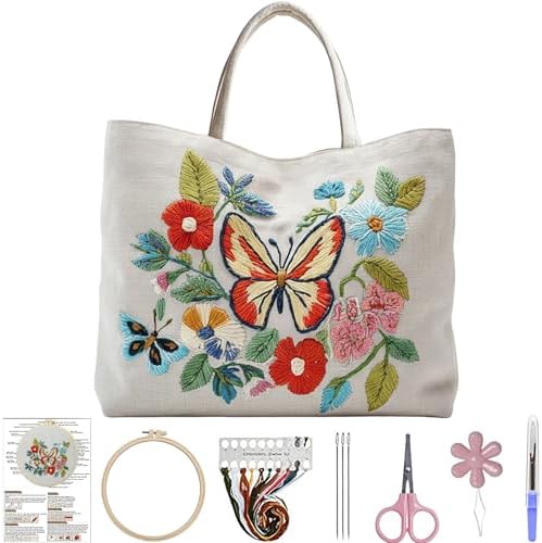 ARTopet Embroidery Tote Bag Kit for Beginners Butterfly Canvas Cross Stitch Handbag with Hoops Needles Threads Reusable Grocery Bag for Women-Butterfly02