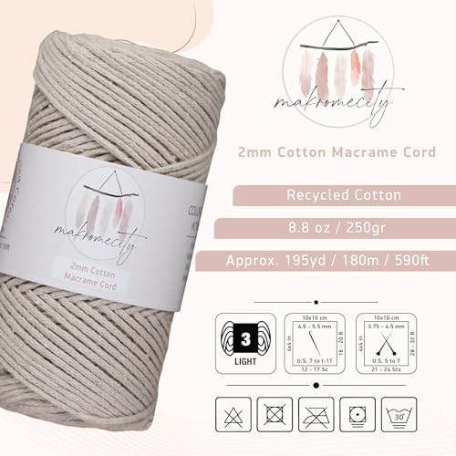 Makromecity, Cotton Macrame Cord 2mm x 195 Yards (590 feet) 2mm Recycled Cotton Crochet Yarn for Macrame Art & Crafts for Wall Hangings, Bags, Underplate, Rug (25 Colors Available) (Latte)