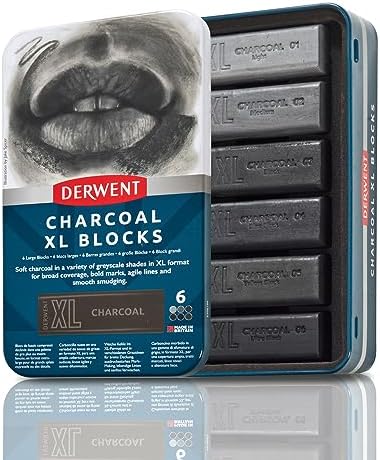 Derwent Charcoal XL Blocks 6 Tin, Set of 6, 60mm Extra-Large Block, Naturally Water-soluble, Ideal for Sketching, Drawing and Expressive Mark Making, Professional Quality (2306196)