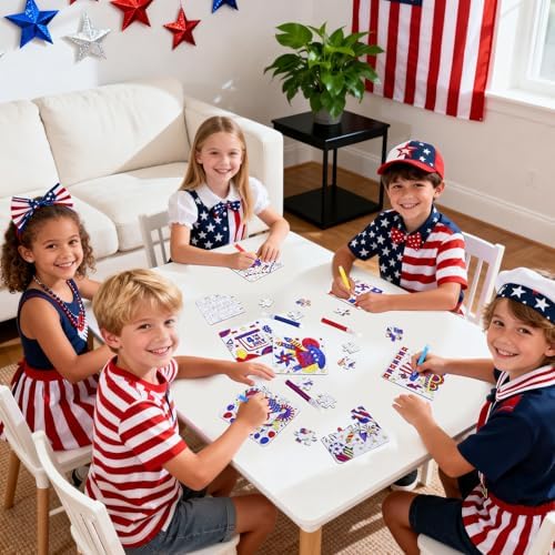 24 Sets 4th of July Patriotic Crafts for Kids, Independence Day Crafts Activities DIY Puzzle Kits Red White Blue Flag Star Memorial Day Jigsaw Painting Arts for Party Favors Gift Supplies Coloring Toy