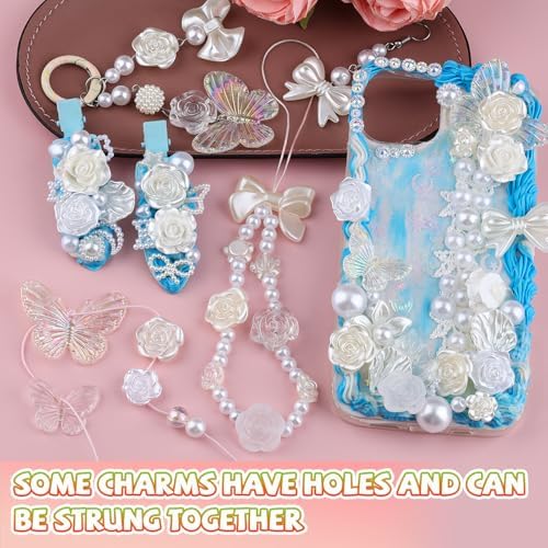 350 Pieces 3D Resin ABS Colorful Rose Flower Bows Butterfly Charms with Flatback Half Round Pearl Beads for Bracelet Earring Necklace Craft DIY Making Supplies