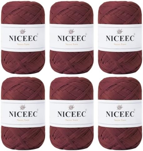 NICEEC 6 Skeins Soft Tape Yarn-Wine Red