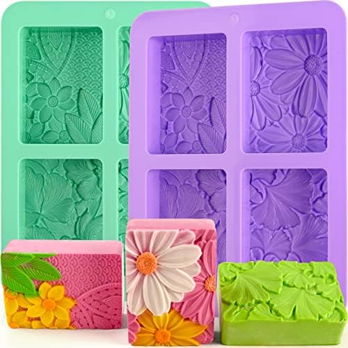 HUAKENER 2 Pack Silicone Soap Molds, Rectangle Soap Making Mold | 3D Rectangular Flower Pattern Silicone Molds for Handmade Soap, Bath Bombs, Candle, Chocolate