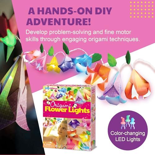 4M KidzMaker Origami Flower Lights Kit for Kids Ages 8-12 – DIY Paper Flower Craft with 10 Color-Changing LEDs, 15 Sheets, Room Decor, STEM Art & Craft Gift