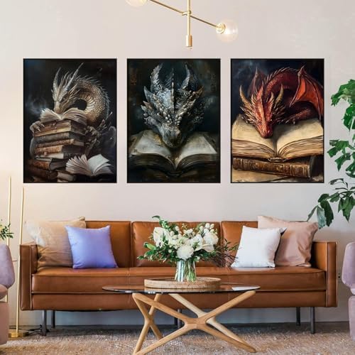 GOUOYANA 3P Dragon and Book Paint By Numbers Kit for Adults Acrylic Canvas | Adult Paint by Number Kits Acrylict Canvas for Painting DIY Dragon And Book Paint by Numbers for Home Wall Art Gift 12X16in