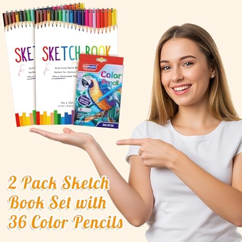 2 Pack Sketch Books for Kids 9 × 12In, 100gsm Drawing Pad with 36 Pencils