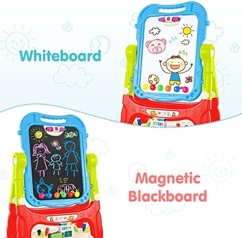 Amagoing Easel for Kids, Adjustable Standing Art Easel for Toddler 2-4, 4 in 1 Double Side Chalkboard Drawing Board with Painting Accessories, Learning Toy Gift for Little Boys Girls Age 3 4 5, Blue