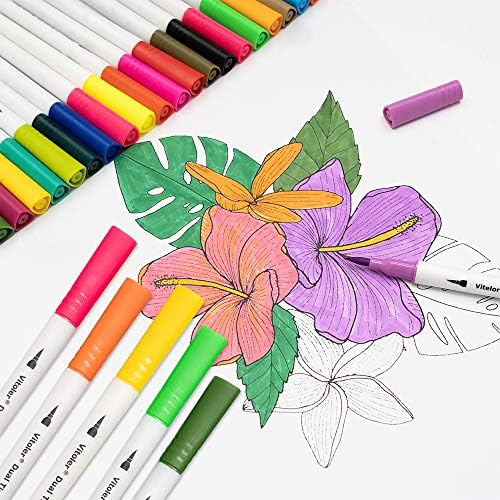 Vitoler Colored Markers Highlighters Dual Tip Brush Pens,Fine Tip Markers & Fine Point Art Pens for Adult Coloring Drawing Planner Art Craft Supplies (24 Brush Pens Set)