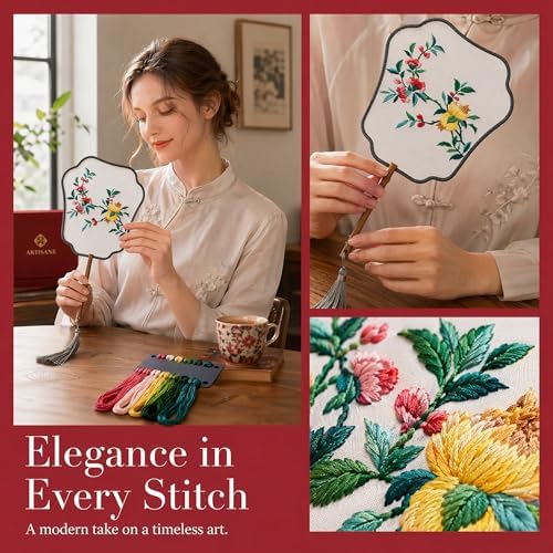 Chinese Embroidery Fan Kit, DIY Organza Fan with Pomegranate Pattern