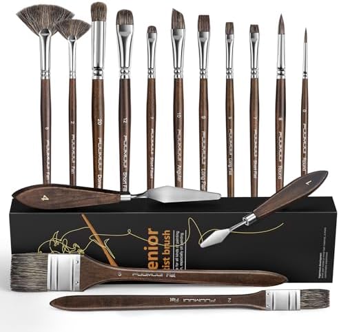 Oil Paint Brush Set, 15Pcs Fuumuui Professional Paint Blending Brushes Natural Badger Bristle with Flat, Fan, Angle, Round, Filbert for Acrylic Oil Painting with 2pc Palette Knife