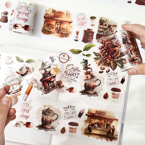 WT Caffeine Canvas Wide PET Tape, Single Roll, Original Designs, Watercolor Vintage Cafe Decorative Transparent Tape, Journal Scrapbook Bujo Planner DIY Craft Supplies, Coffee Theme