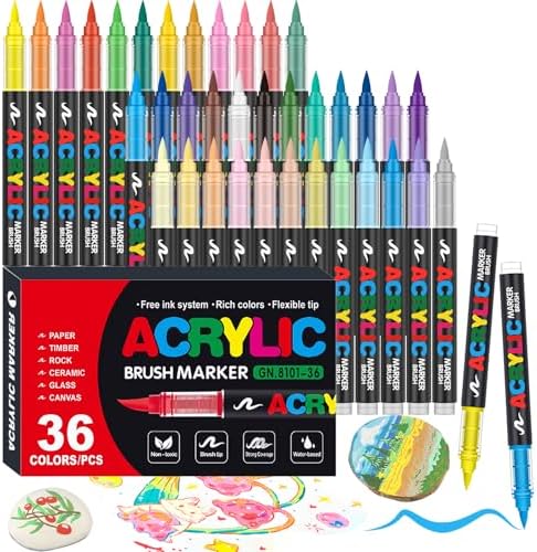 36 Colors Soft Brush Tip Acrylic Markers Set, Paint Pens for Rock, Wood, Fabric, Canvas, Glass, DIY Crafts, Waterproof Paint Markers, Vibrant Acrylic Pens for Artists and Art Projects