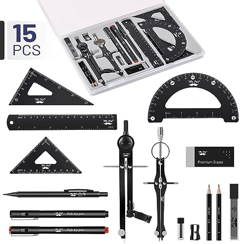 Mr. Pen- Professional Geometry Set, 15 pcs, Drafting Tools with Protractor | Compass, Metal Ruler, Triangles, Pens & Pencils, Complete Geometry & Drafting Kit for Architects, Engineers & Students
