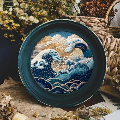 FONNUY Embroidery Kit for Beginners, Stormy Sea Wave Flowers Pre-Stamped Pattern Kits for Adults with Hoop, Easy to Follow Color Thread Needlework, 8'' Hoop (Blue)