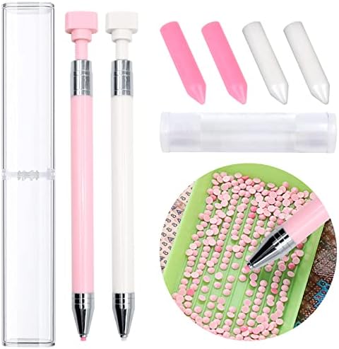 ZYNERY 2 Pcs Diamond Painting Pens with Wax, Refillable Wax Pen, Rotating Glue Point Drill Pen for Nail Art Rhinestones, Diamond Art Accessories and Tools, Quickly Pick Up Beads Gems (Pink, White)