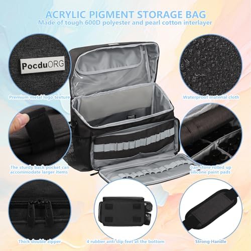 Acrylic Paint and Brush Set Organizer Bag - Carrying Case Compatible with Apple Barrel, Shuttle Art, Caliart Art Supplies - Includes Detachable Paint Brush Holder - for Home/Travel/Outdoor (Pro Black)