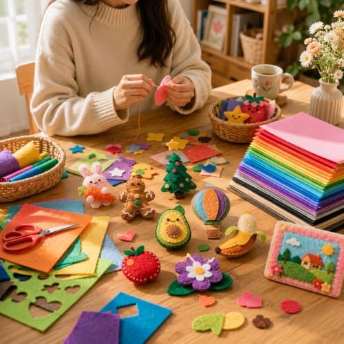 moinkerin 40Pcs Felt Sheets for Crafts with Thread 6"x6" Felt Fabric Sheets Assorted Colors 1mm Stiff Felt for Crafting DIY Handwork Sewing Patchwork (40 Colors)